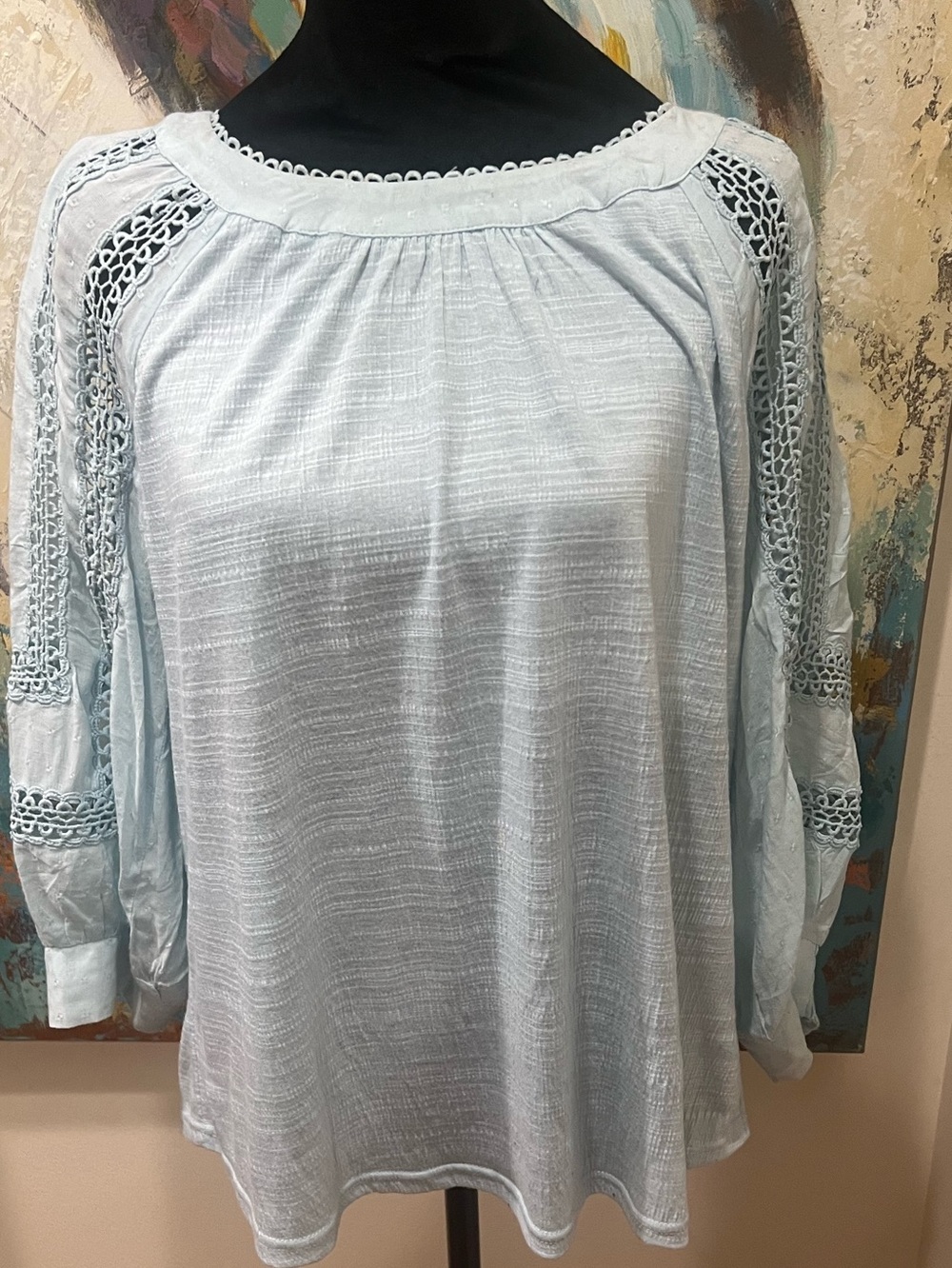Skies Are Blue M Light Blue Crochet Lace Boho Peasant Blouse Top - Picture 3 of 8